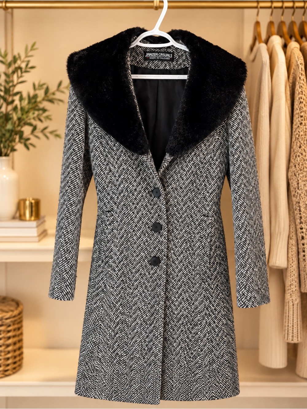 Janzen Casuals Herringbone Coat with Faux Fur Collar | Made in Calgary| S